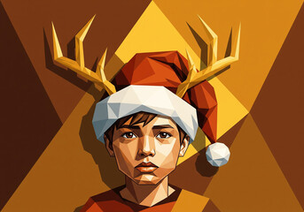 Abstract Geometric Christmas Illustration of Child with Reindeer Antlers Hat in Gold and Brown