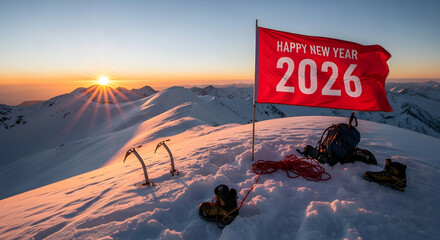 Reaching the summit with a 2026 flag at sunrise on snowy mountain