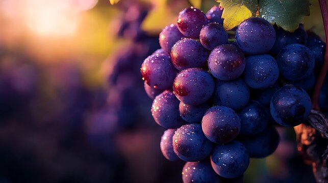 Ripe grapes with vineyard at sunset.