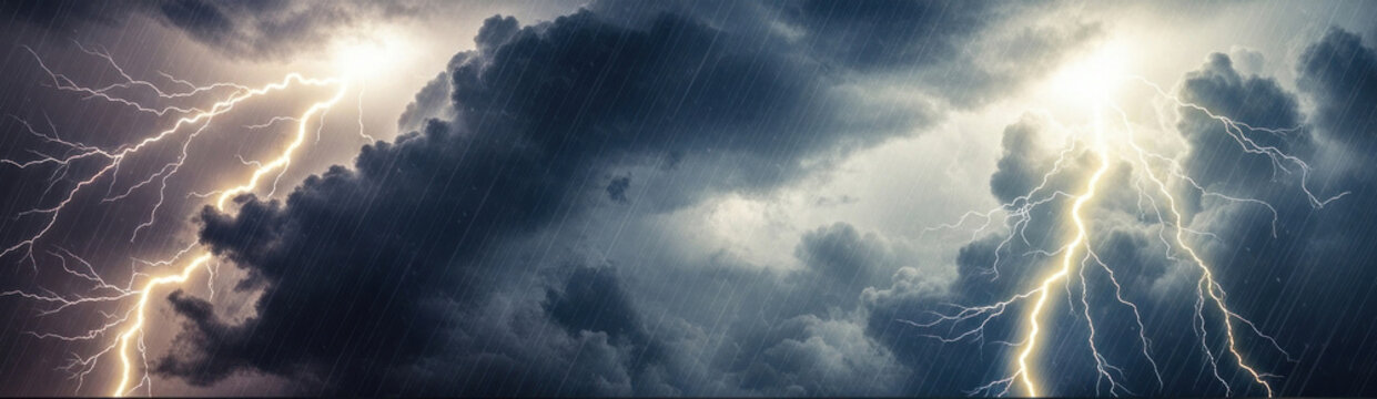A dramatic sky with lightning bolts and rain, depicting a stormy weather scene.