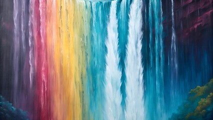 A vibrant waterfall cascading down a rocky cliff face with colorful water streams and lush greenery around it