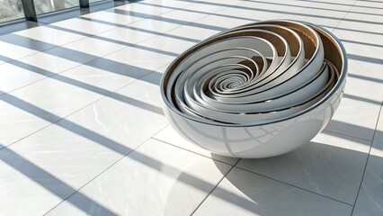 A spiral sculpture made of bowls on a white tiled floor with window light casting shadows across the floor