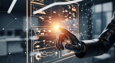 Glossy black hand touches a glowing interface with charts and diagrams, representing high technology and digital control, ideal for future concepts.
