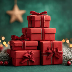 Stack of Red Christmas Gift Boxes with Velvet Ribbons on Green Background - Festive Holiday Presents