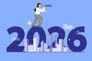 A visionary businesswoman uses a telescope on the year 2026 text. This concept illustrates future business forecasting, strategic planning for new opportunities, and economic growth in the city.