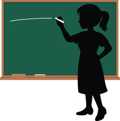 Silhouette of a girl drawing on a green chalkboard with a pointer