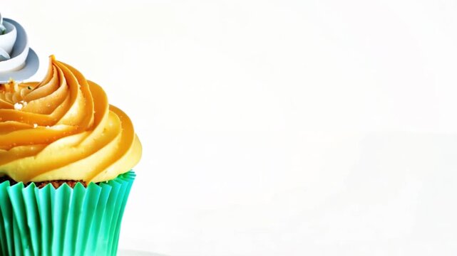 A vibrant cupcake with yellow frosting and a turquoise wrapper on a white background space for text