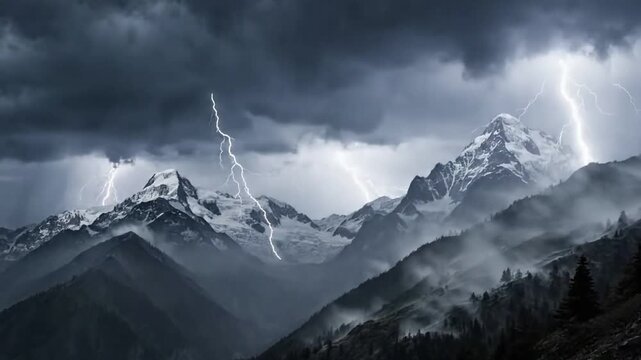 Showcasing the atmospheric tension of an approaching thunderstorm: strong winds, torrential rain, and swaying trees in a dense, ancient forest. Mid shot, dynamic movement