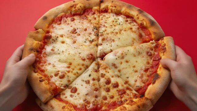 Hands pulling apart cheesy pizza slices with melted mozzarella strings