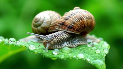 A mesmerizing macro exploration of a garden snail's slow, deliberate journey across a dew kissed leaf, highlighting its intricate shell patterns and glistening trail.