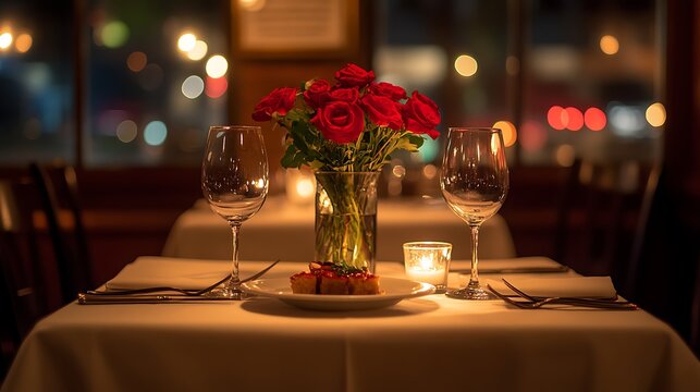 Romantic dinner table setting with roses, and restaurant.