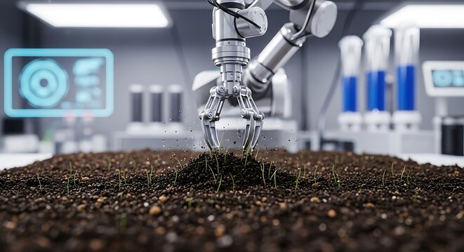 Robotic Arm Planting Seeds Futuristic Agriculture and Technological Innovation.