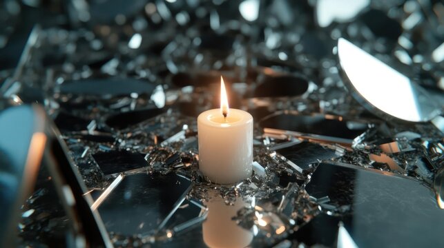 Illuminating Reflections: A candle glows amidst shattered mirror fragments conveying themes of hope - Powered by Adobe