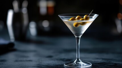 Elegant martini cocktail with olives on a dark countertop offering a stylish ambiance