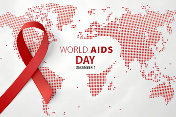 World AIDS Day image with red ribbon and dotted world map background, symbolizing global HIV/AIDS awareness and solidarity. generative ai