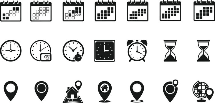 Modern flat design set of essential icons for business and travel, including navigation markers, alarm clocks, and monthly scheduling graphics.