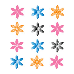 Colorful Five-Petal Flower Icons in Pink Blue Orange and Gray, Repeating Pattern Grid