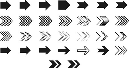 Diverse collection of thirty-four vector arrow icons, featuring solid, patterned, and outline styles to indicate direction, movement, and navigation.