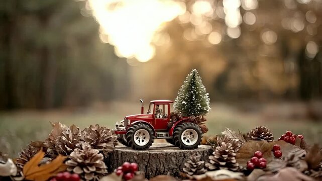 A charming red toy tractor carries a Christmas tree, surrounded by autumn leaves and pine cones, in a serene forest backdrop