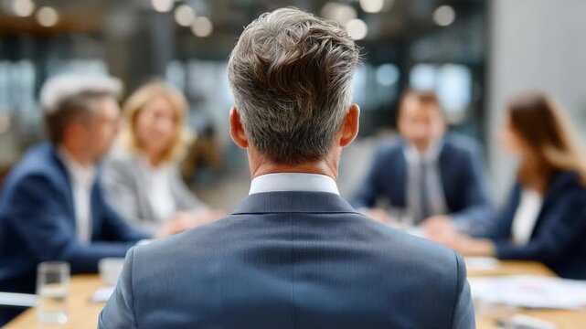 Boardroom Strategy: A seasoned leader, viewed from behind, commands attention in a boardroom setting, spearheading a critical discussion with a focused and engaged team.
