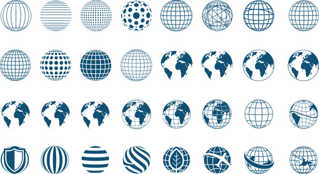 Comprehensive vector icon set illustrating worldwide concepts, with integrated symbols like shield for security and airplane for international transportation.
