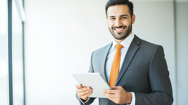 business man in office. he's 30 years old, and using a tablet. he smiles in the room. he is wearing a business suit. different look.