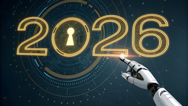 Futuristic 2026 digital interface with robotic hand touching glowing keyhole symbol for innovation - Powered by Adobe