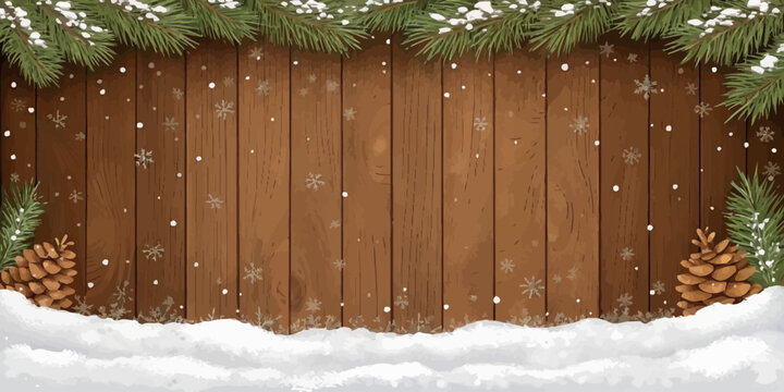 Vector christmas winter scene featuring a wooden fence snow covered ground pine cones and snow covered pine branches - Powered by Adobe