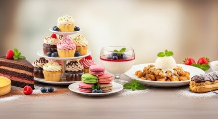 A multi-tiered dessert stand with cupcakes, macarons, and other pastries on a table with a light background.