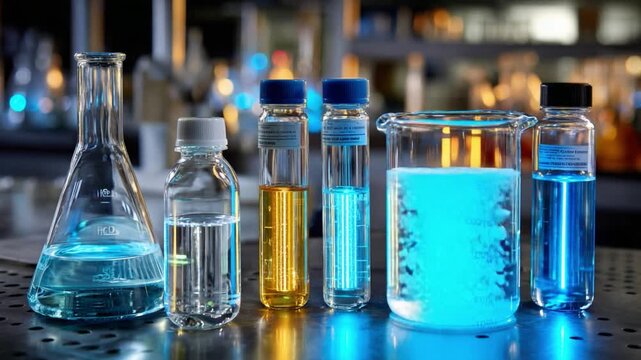 Laboratory's Vibrant Alchemy: A captivating array of laboratory glassware, each containing a unique, colorful liquid, poised on a metallic surface, hinting at scientific exploration and innovation.
