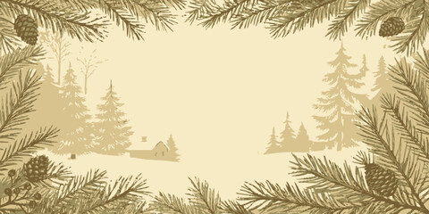 Vector christmas illustration of pine branches and pine cones framing a winter scene with trees and a small house scene backdrop