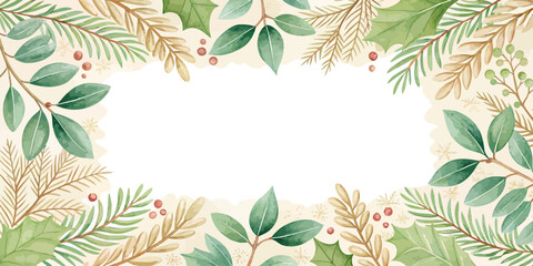 Vector christmas watercolor christmas frame with holly leaves and branches creating a festive border design