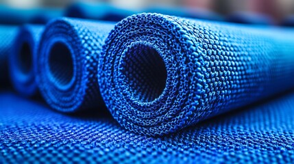 Rolledup blue yoga mats with closeup view.