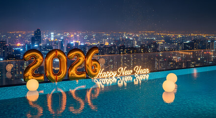Celebrating new year 2026 with city skyline and pool reflection at night