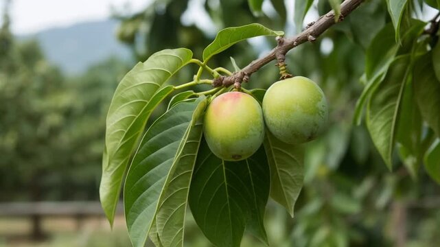 Ripe higo figs growing on branch with fresh green leaves closeup