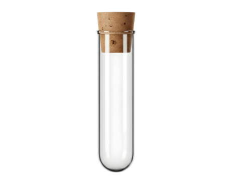Glass test tube with white powder and cork isolated on transparent background