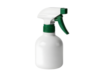 White plastic spray bottle with green trigger isolated on transparent background