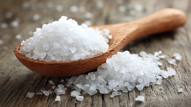 Coarse Sea Salt Crystals in Wooden Spoon on Rustic Wood