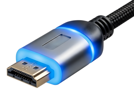 Close up of a blue illuminated hdmi cable connector isolated on transparent background