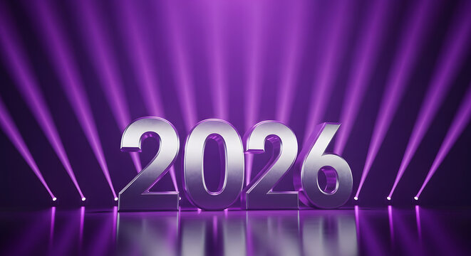 Silver 2026 new year celebration with purple light rays background