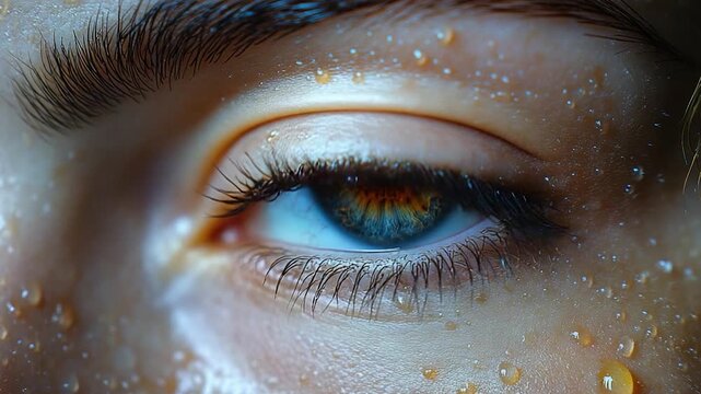 A close-up shot of an eye with water droplets on the surface, perfect for representing wetness or moisture