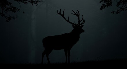 Majestic stag silhouette stands in a dark, mysterious forest at twilight, evoking a sense of wild beauty and solitude.