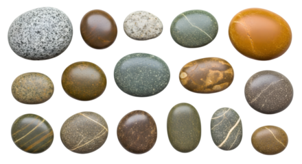 Collection of Smooth Natural River Stones in Various Colors and Patterns isolated on a transparent background