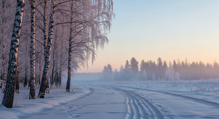 Icy birch trees stand in a snowy field. A path cuts through the snow, leading toward distant, foggy forest. It represents the solitude of winter