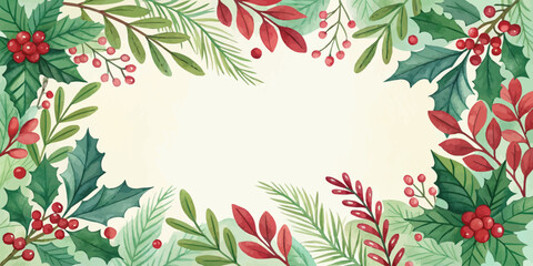 Vector christmas watercolor christmas frame with holly berries and leaves forming a decorative border around center space