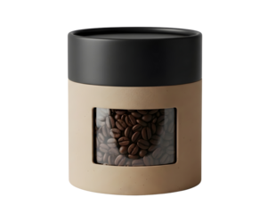 Cylindrical container with coffee beans visible through a window isolated on transparent background