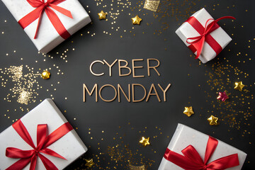 Cyber Monday celebration graphic with gold text, red-ribboned gift boxes, gold stars, and glitter on black background. generative ai