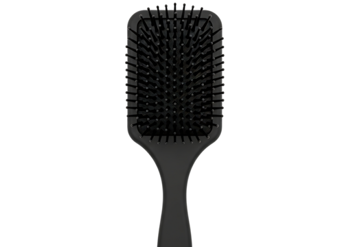 Black paddle hairbrush for detangling and smoothing hair care isolated on transparent background