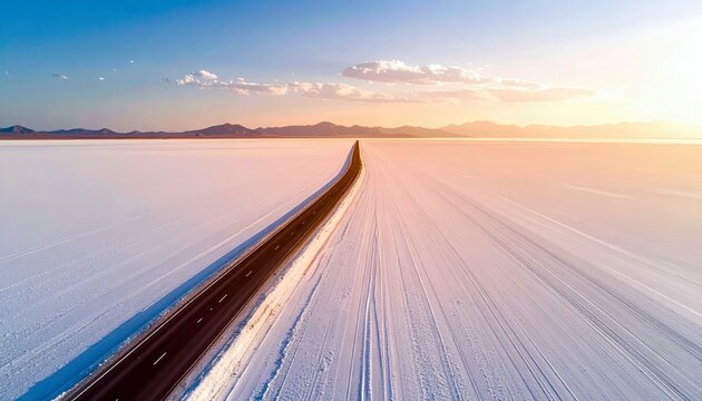 An aerial view captures a long, dark asphalt road stretching across a vast, white salt flat towards distant mountains under a colorful sunset sky. - Powered by Adobe
