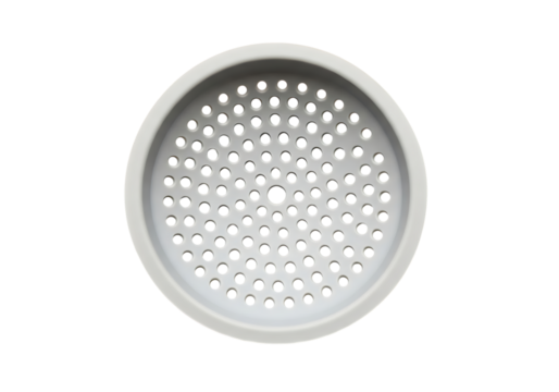 White round perforated filter disc with a detailed hole pattern isolated on transparent background